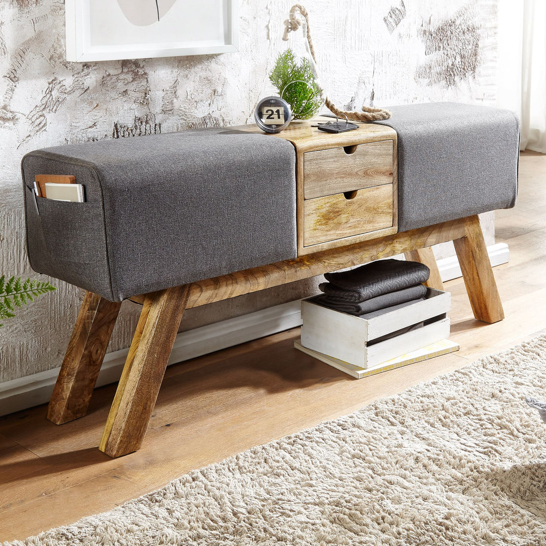 Design Turnbock Sitzbank Grau mit Schubladen 120x56x30 cm | Turnhocker Bank aus Stoff mit Stauraum | Hocker Garderobenbank Sitzhocker Springbock Turnbank - Industrieelinhuis.nl