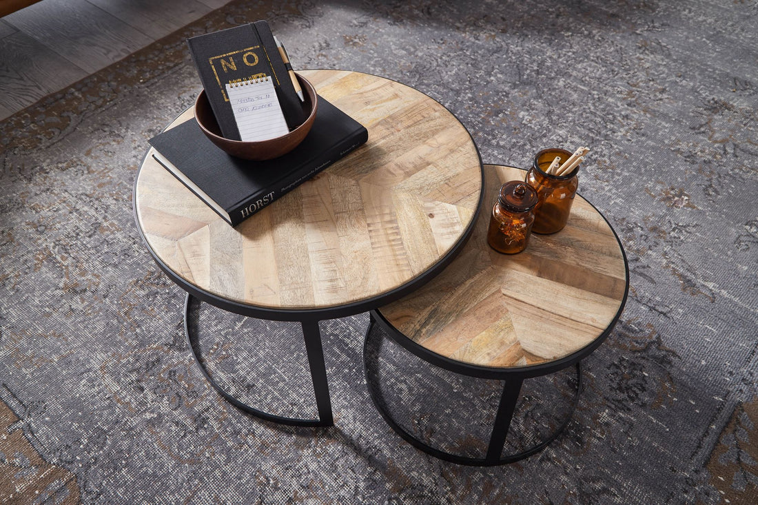 Salontafel set van 2 | Mangohout - Zwart onderstel | Ø 60 / 44 cm