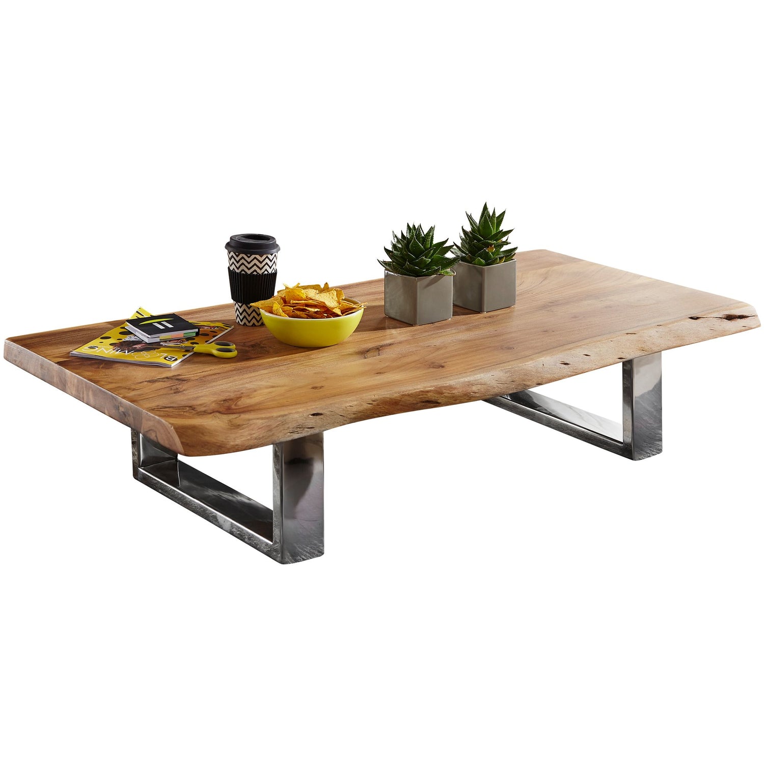 Salontafel 115 x 25 x 58 cm massief acaciahout metalen frame groot | Boomstam salontafel massief hout bruin | Boomrand tafel houten tafel | Tafel woonkamer salontafel