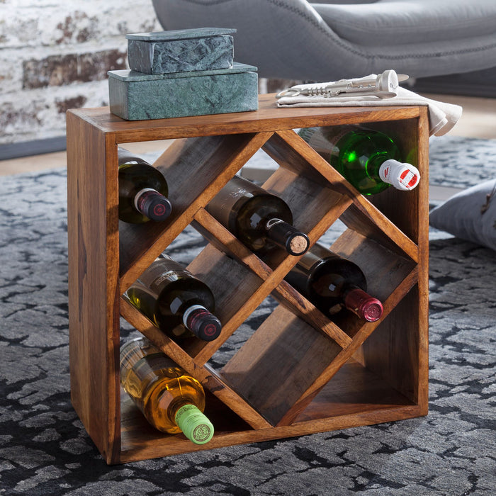 Weinregal WL5.673 Sheesham Massivholz 40x40x25cm Holzregal 8 Flaschen | Kleines Flaschenregal Standregal schmal | Design Getränkehalter Holz | Weinflaschenhalter stehend massiv | Regal - Industrieelinhuis.nl