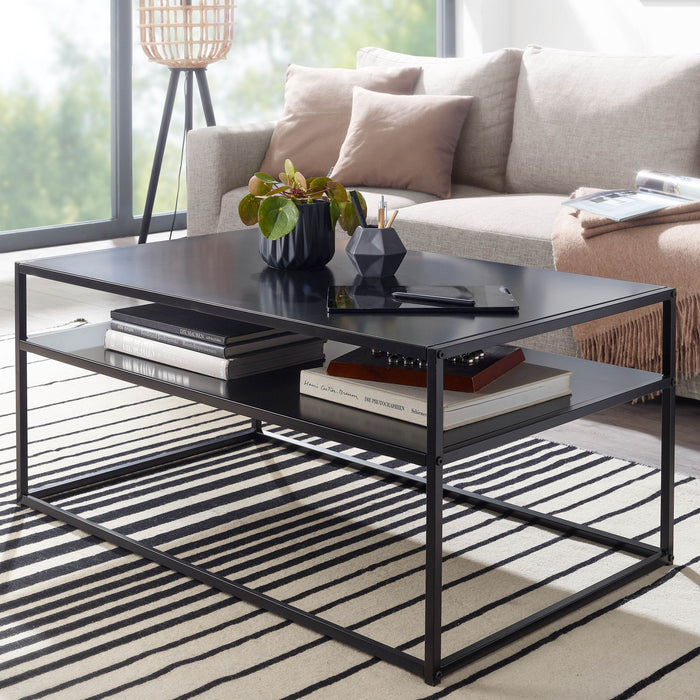 Couchtisch 100x60x45 cm Metall Wohnzimmertisch Industrial Schwarz | Sofatisch Stahl mit Stauraum | Loungetisch mit Ablagefach | Kaffeetisch Beistelltisch Eckig - Industrieelinhuis.nl