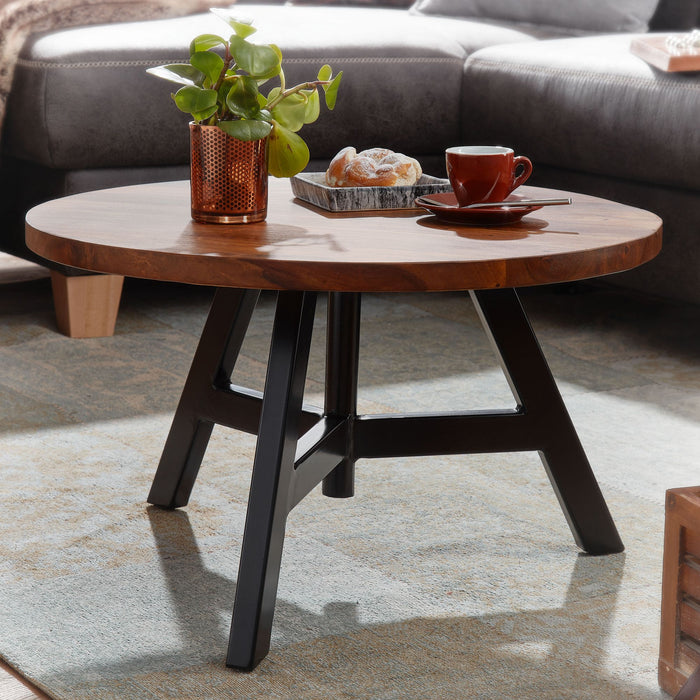 Couchtisch 60x60x35 cm Sheesham Massivholz / Metall Sofatisch Rund | Design Wohnzimmertisch Kaffeetisch Massiv | Kleiner Tisch Beistelltisch Wohnzimmer Modern - Industrieelinhuis.nl