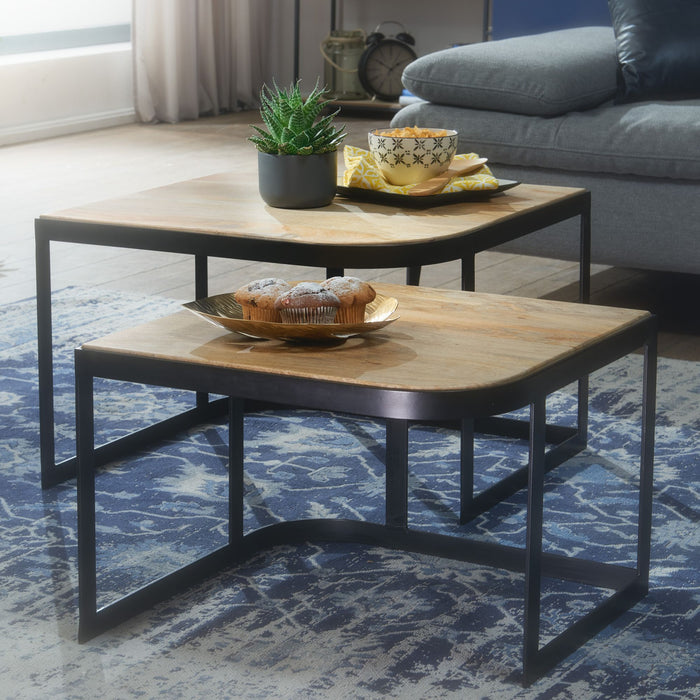 Couchtisch 2er Set Mango Massivholz / Metall Wohnzimmertisch Hell | Industrial Satztisch Beistelltisch Metallbeine Schwarz | Tischset 2-teilig Satztisch Holz - Industrieelinhuis.nl