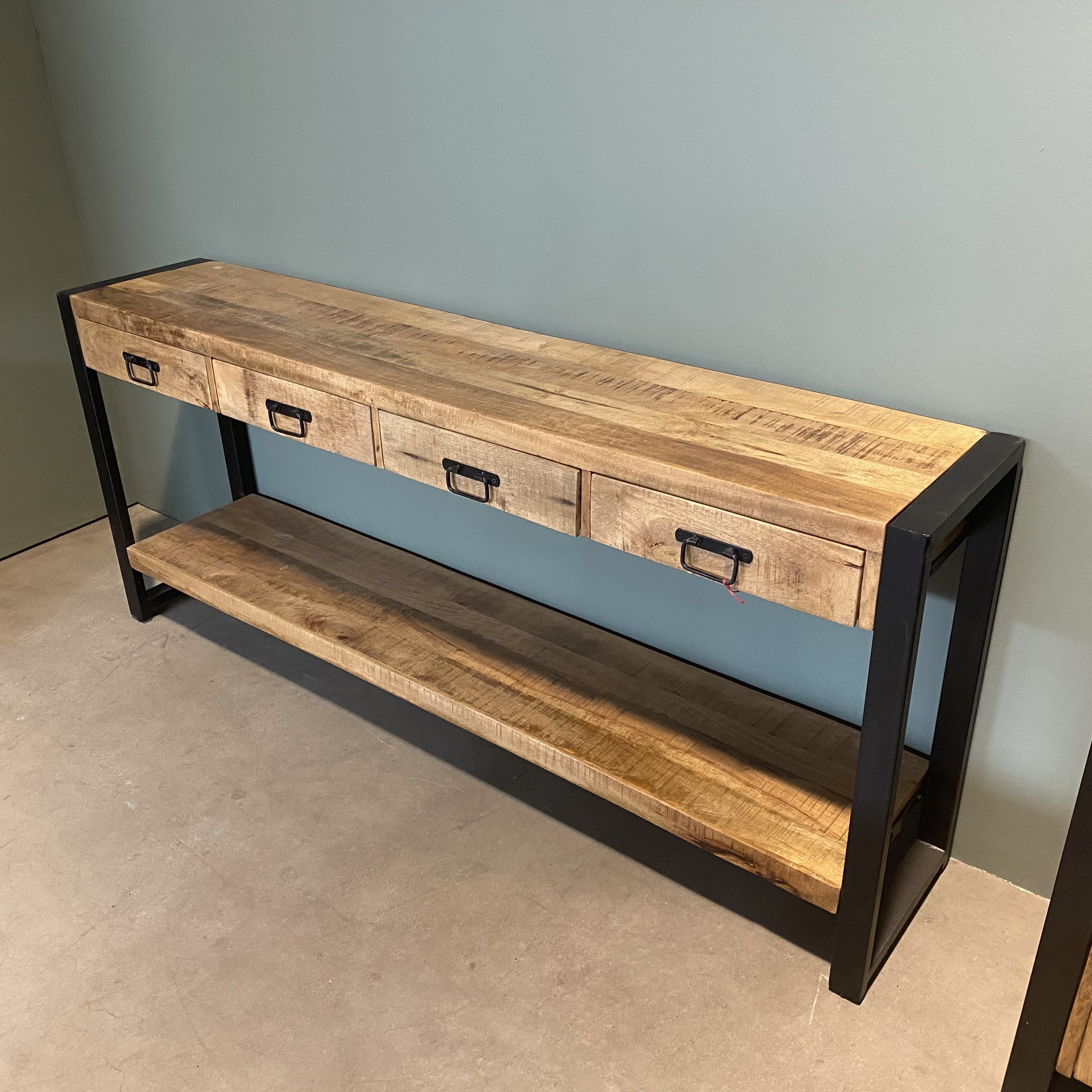 Sidetable met vier lades | Mangohout en Staal | 180x35x76cm