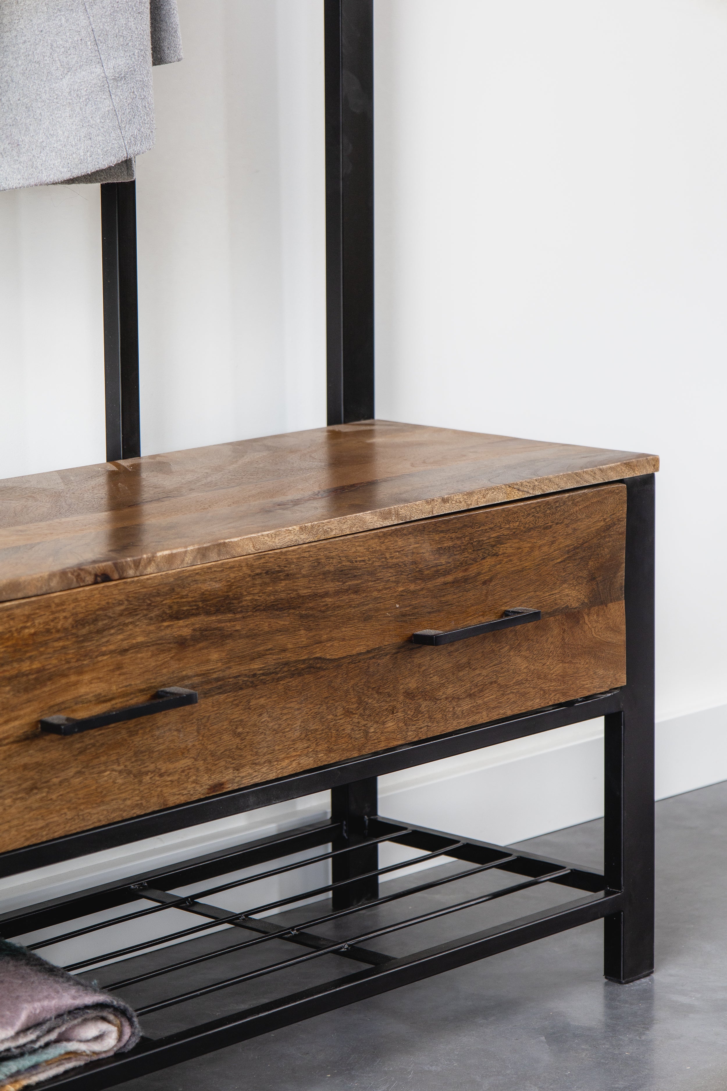 Garderoberek met Lade XL Industrieel Design | Mangohout en Staal | 100x40x190cm - Industrieelinhuis.nl