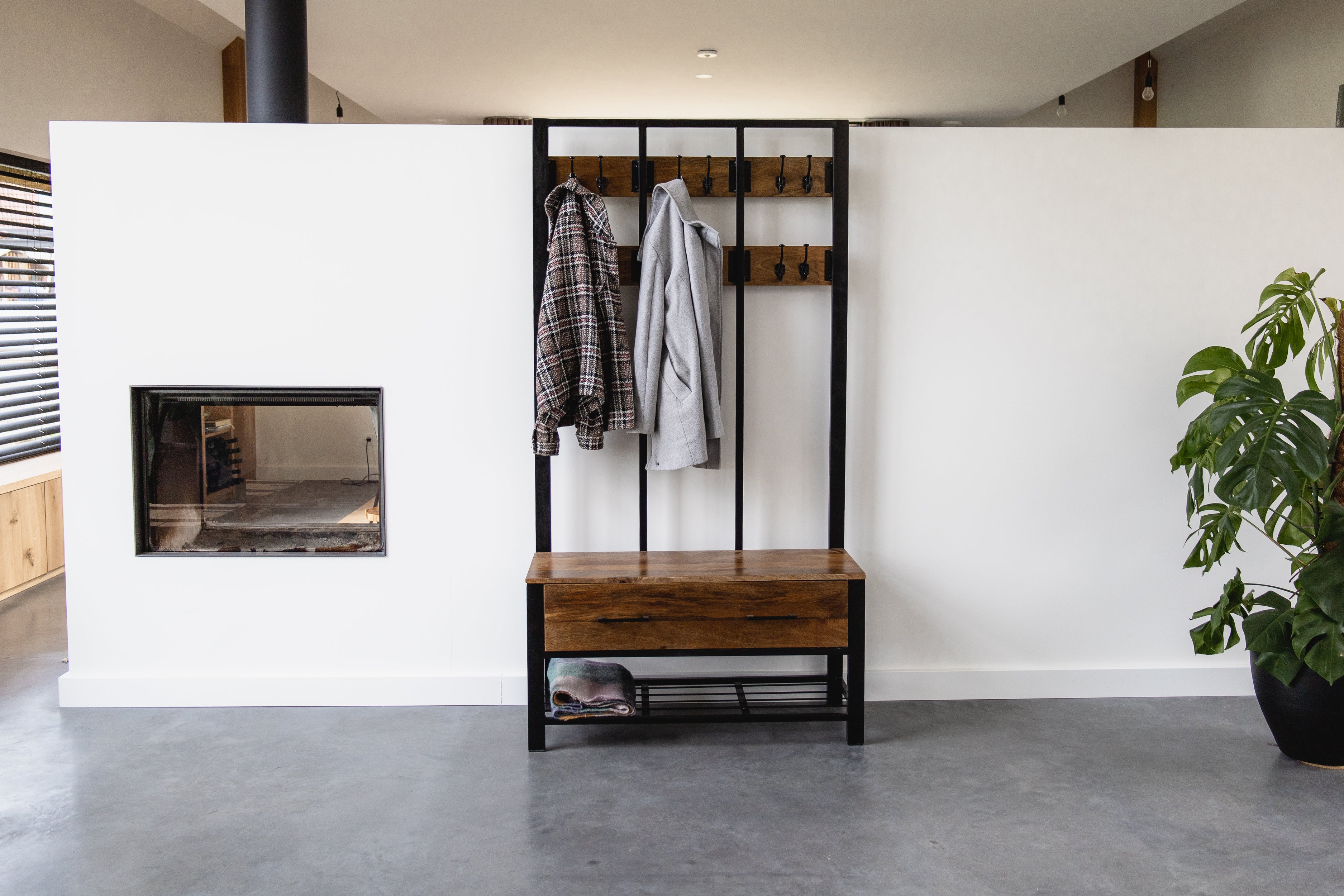 Garderoberek met Lade XL Industrieel Design | Mangohout en Staal | 100x40x190cm - Industrieelinhuis.nl