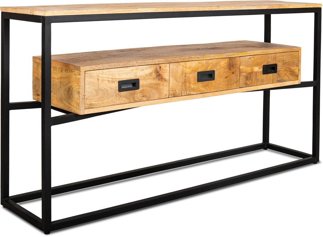 Sidetable mangohout met drie lades | Mangohout en Staal | 150x35x77