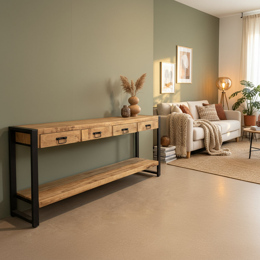 Sidetable met vier lades | Mangohout en Staal | 180x35x76cm