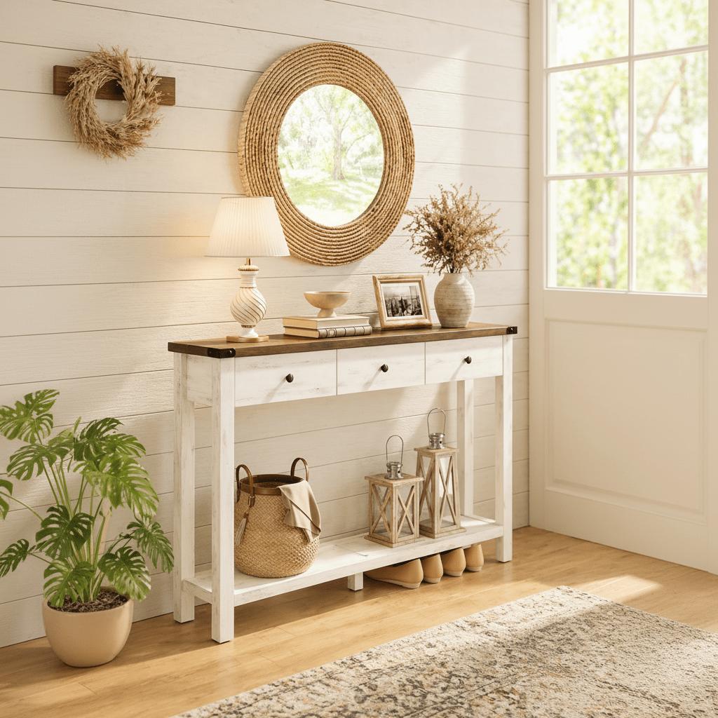 Sidetable in Landhuisstijl met 3 Lades en Onderplank – Smalle Consoletafel voor Hal, Woonkamer of Gang – Honingbruin/Vintage Wit - Industrieelinhuis.nl