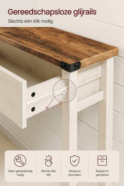 Sidetable in Landhuisstijl met 3 Lades en Onderplank – Smalle Consoletafel voor Hal, Woonkamer of Gang – Honingbruin/Vintage Wit - Industrieelinhuis.nl
