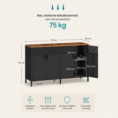 Metalen Opbergkast met 4 Deuren – Industrieel Dressoir met Verstelbare Planken en Pegboard - Industrieelinhuis.nl