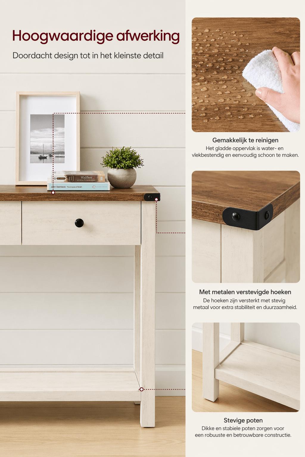 Sidetable in Landhuisstijl met 3 Lades en Onderplank – Smalle Consoletafel voor Hal, Woonkamer of Gang – Honingbruin/Vintage Wit - Industrieelinhuis.nl