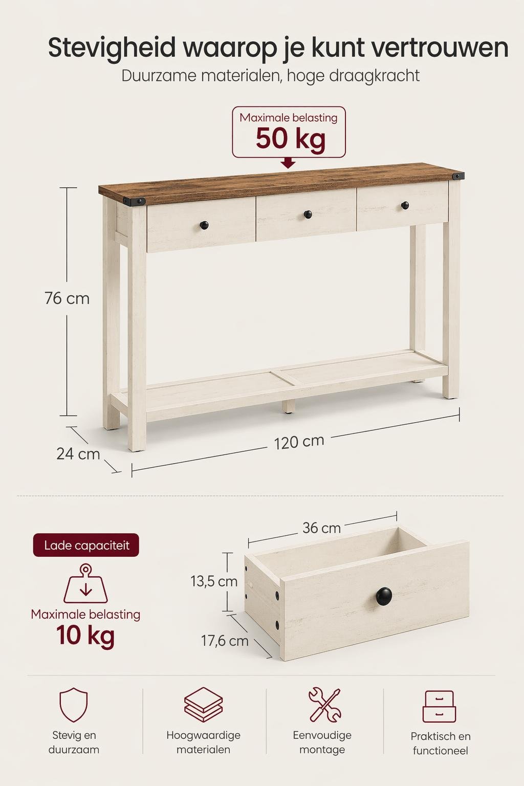 Sidetable in Landhuisstijl met 3 Lades en Onderplank – Smalle Consoletafel voor Hal, Woonkamer of Gang – Honingbruin/Vintage Wit - Industrieelinhuis.nl
