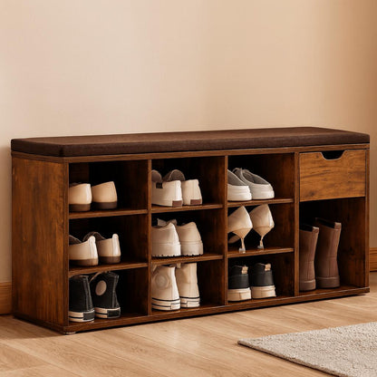 Schoenenbank met Lade en Open Vakken – Houten halbank met gecapitonneerde zitting in vintage bruin - Industrieelinhuis.nl