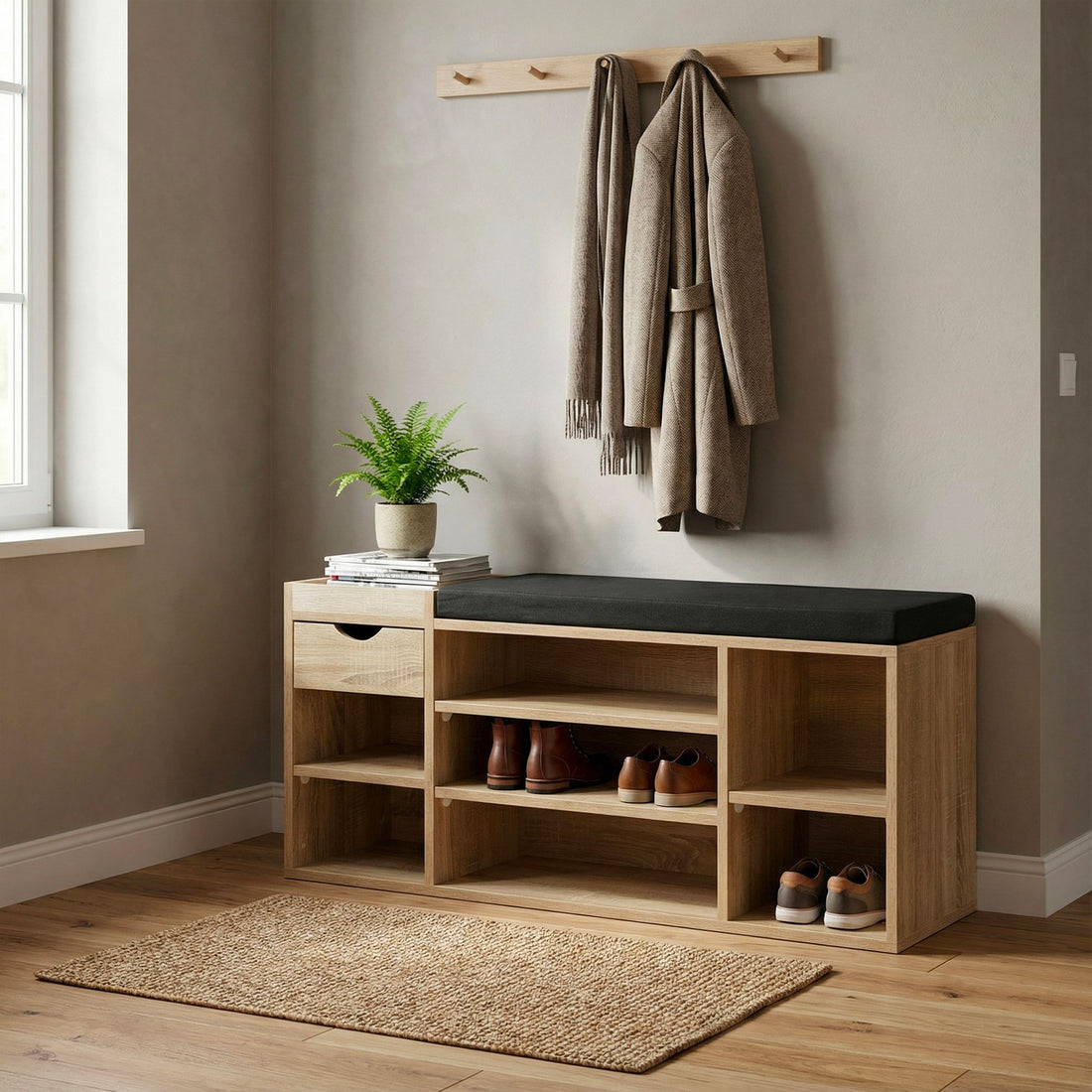 Schoenenbank Eiken met lade | 100 cm lengte | Halbankjes - Industrieelinhuis.nl