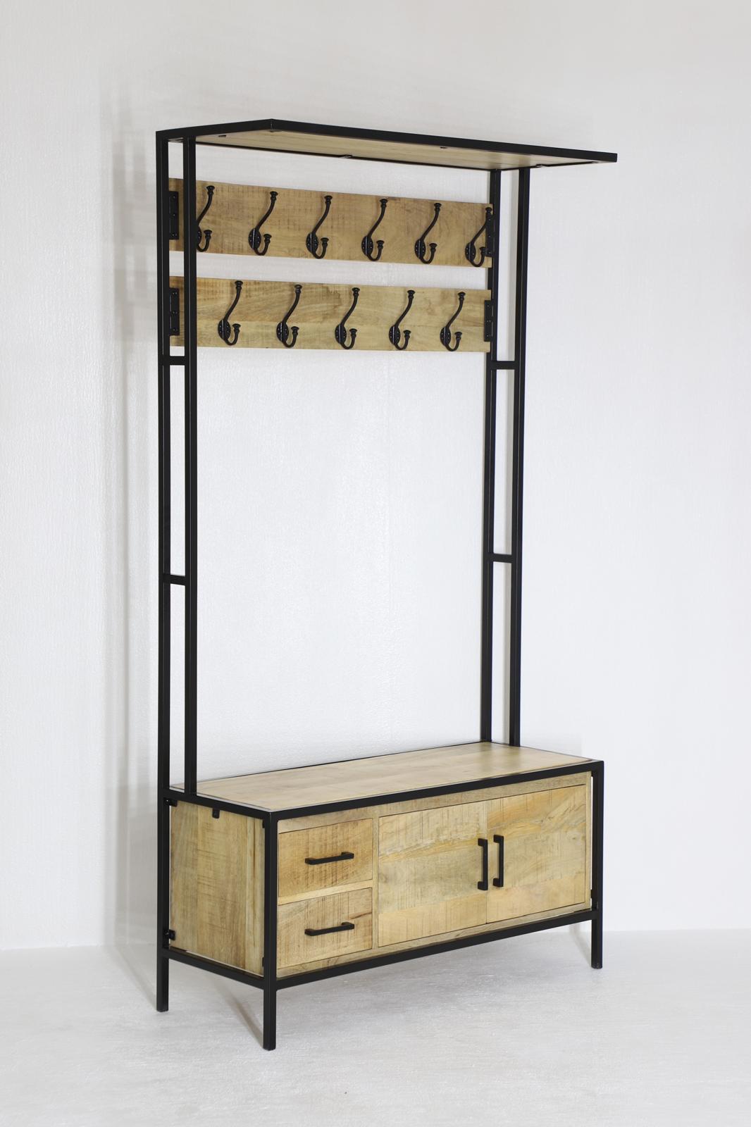 Britt Garderobe XL – Massief Mangohout &amp; Staal | 100 × 40 × 190 cm