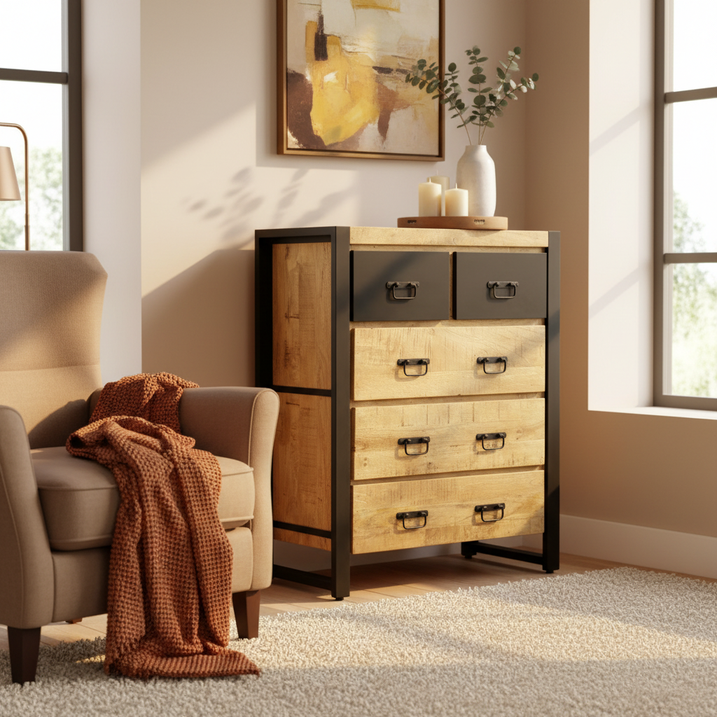 Industriekiste von Schubladen mit 5 Schubladen Mangoholz und Stahl 90x40x100 cm