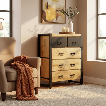 Industriekiste von Schubladen mit 5 Schubladen Mangoholz und Stahl 90x40x100 cm