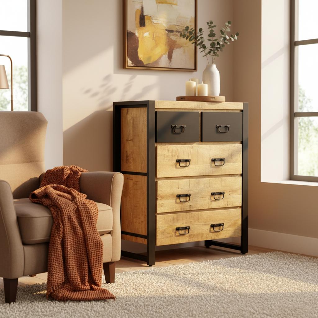 Industriële ladekast met 5 lades | Mangohout en Staal | 90x40x100cm