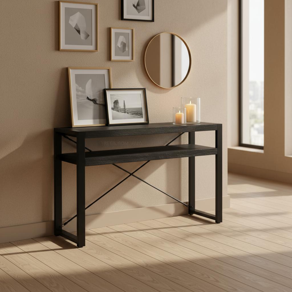 Sidetable zwart Industrieel | Zwart Mangohout en Staal | 120x35x76cm