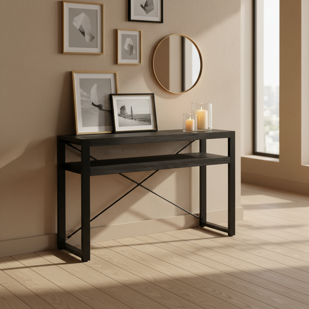 Sidetable zwart Industrieel | Zwart Mangohout en Staal | 120x35x76cm