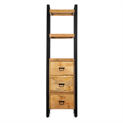 Smalle staande Boekenkast met lades Industrieel Design | Mangohout en Staal | 55x40x200cm