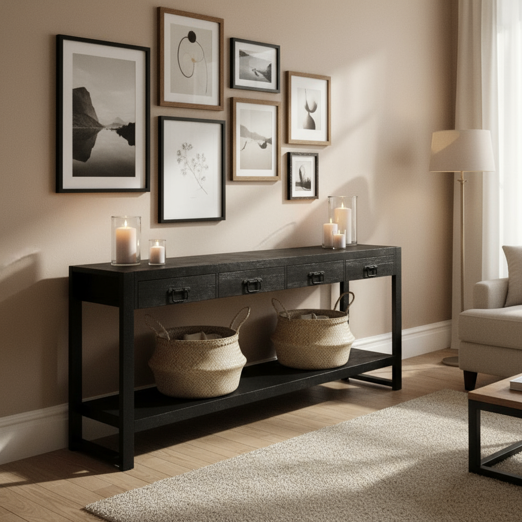 Zwarte sidetable met vier lades  | Zwart Mangohout en Industrieel | 180x35x76cm