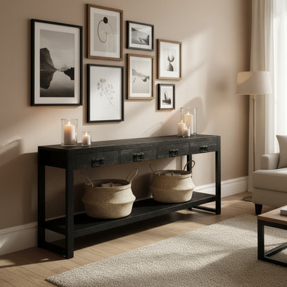 Zwarte sidetable met vier lades  | Zwart Mangohout en Industrieel | 180x35x76cm