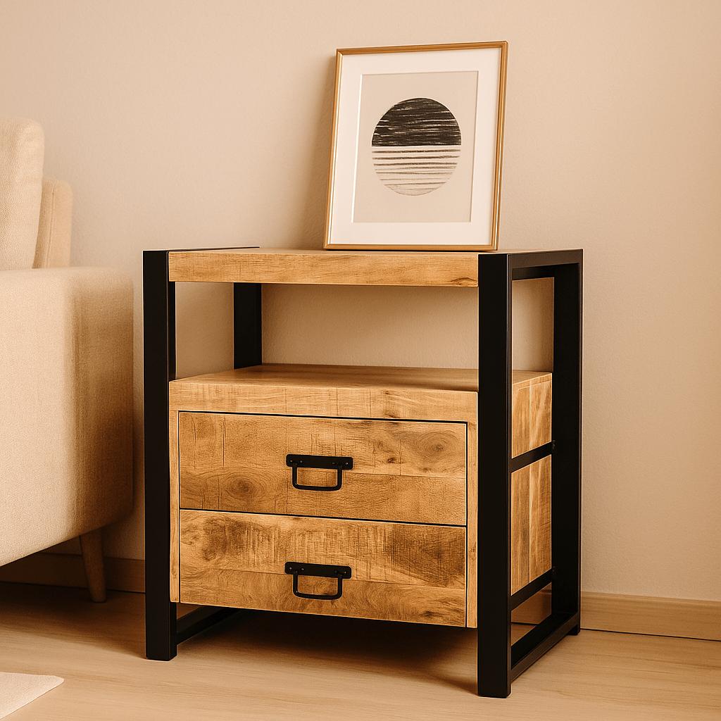 Industrieel Mangohouten Kastje met Stalen Frame – Compact, Stoer &amp; Stijlvol (2 Lades)