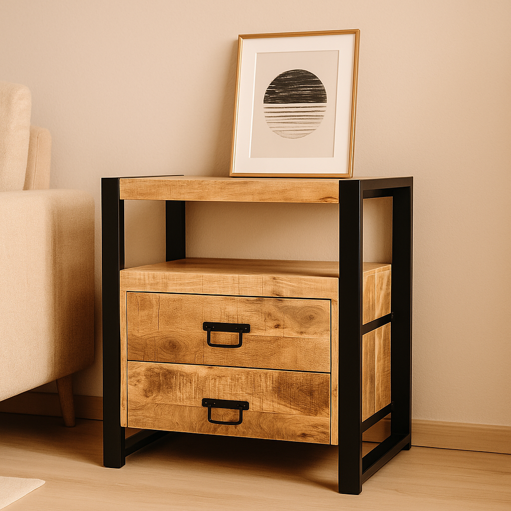 Industrieel Mangohouten Kastje met Stalen Frame – Compact, Stoer &amp; Stijlvol (2 Lades)