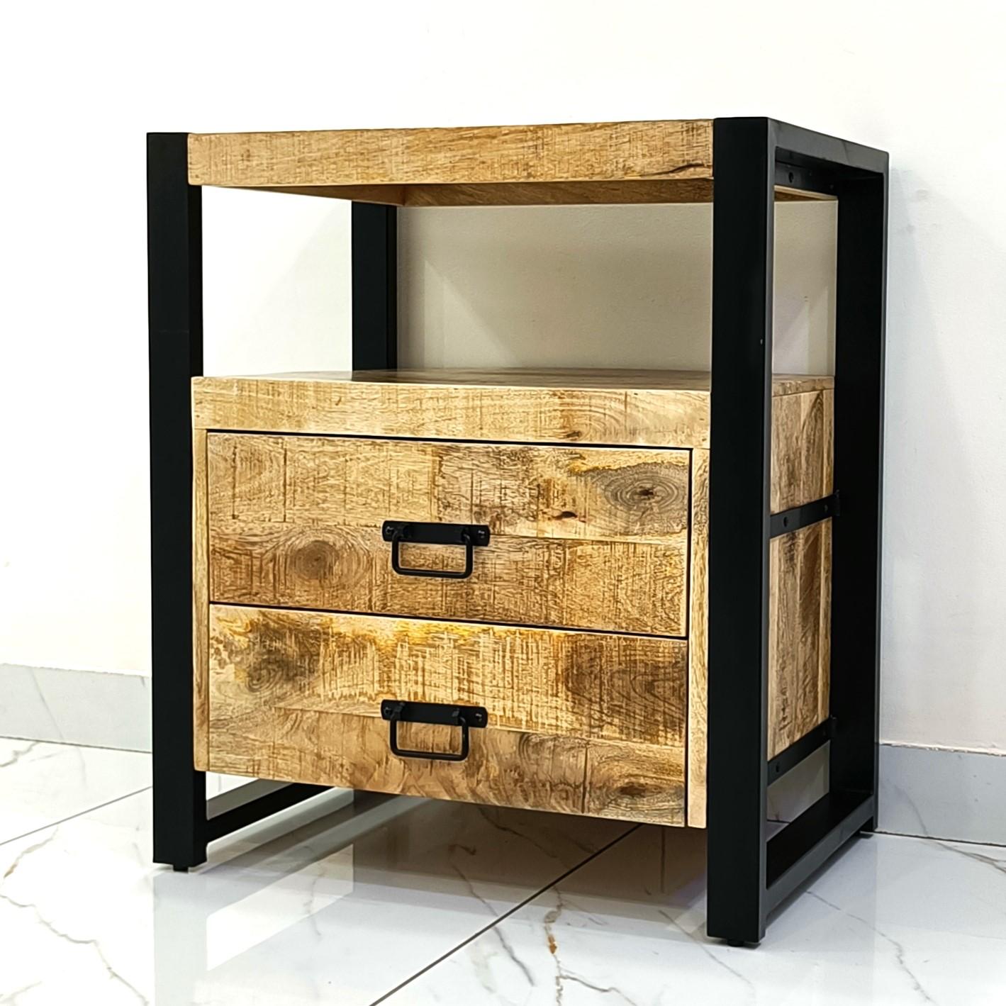 Industrieel Mangohouten Kastje met Stalen Frame – Compact, Stoer &amp; Stijlvol (2 Lades)