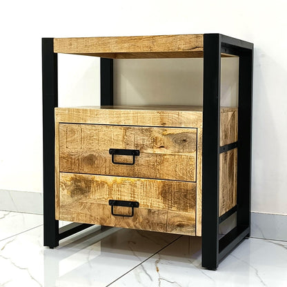 Industrieel Mangohouten Kastje met Stalen Frame – Compact, Stoer &amp; Stijlvol (2 Lades)