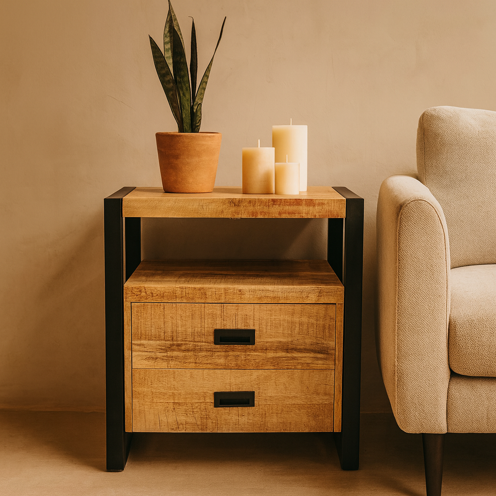 Industrieel Kastje van Mangohout met 2 Lades – Staal &amp; Massief Hout | 75x65x45 cm