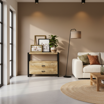 Mangohouten Kastje met 2 Lades – Industrieel Design | Mangohout &amp; Staal | 100x40x80 cm