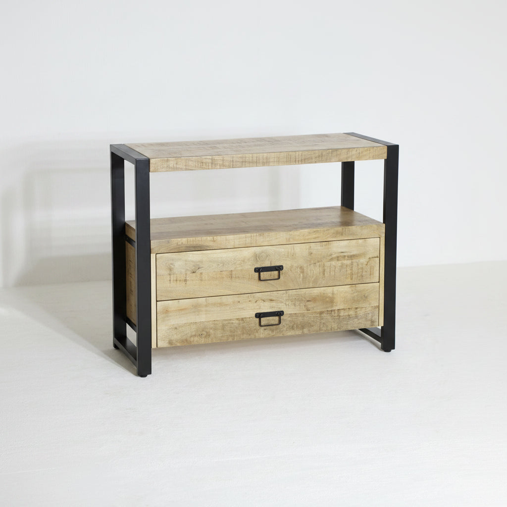 Mangohouten Kastje met 2 Lades – Industrieel Design | Mangohout &amp; Staal | 100x40x80 cm
