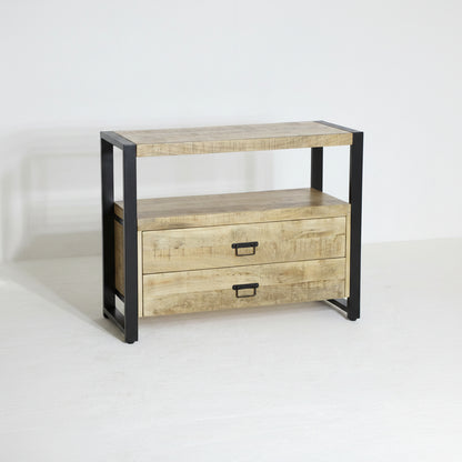 Mangohouten Kastje met 2 Lades – Industrieel Design | Mangohout &amp; Staal | 100x40x80 cm