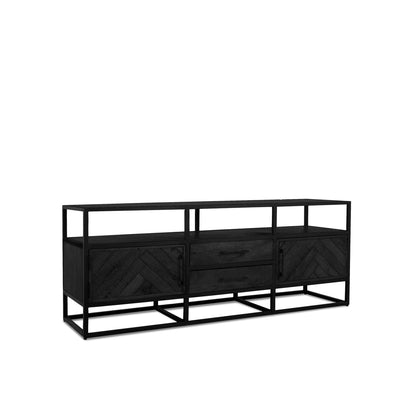 TV-meubel Jax Visgraat Industrieel Design | Zwart Mangohout en Staal | 150x45x60cm - Industrieelinhuis.nl