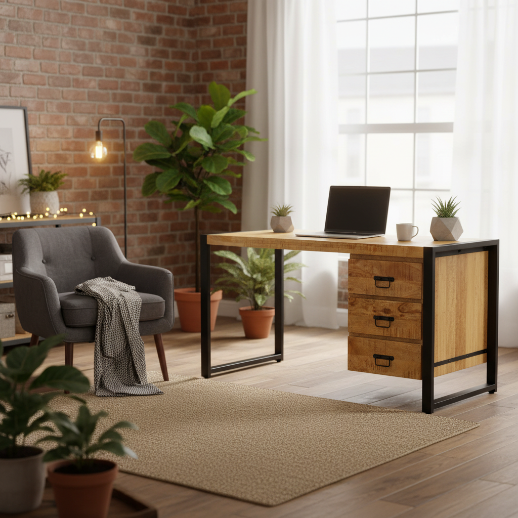 Britt Desk mit Schubladen Mangoholz und Stahl