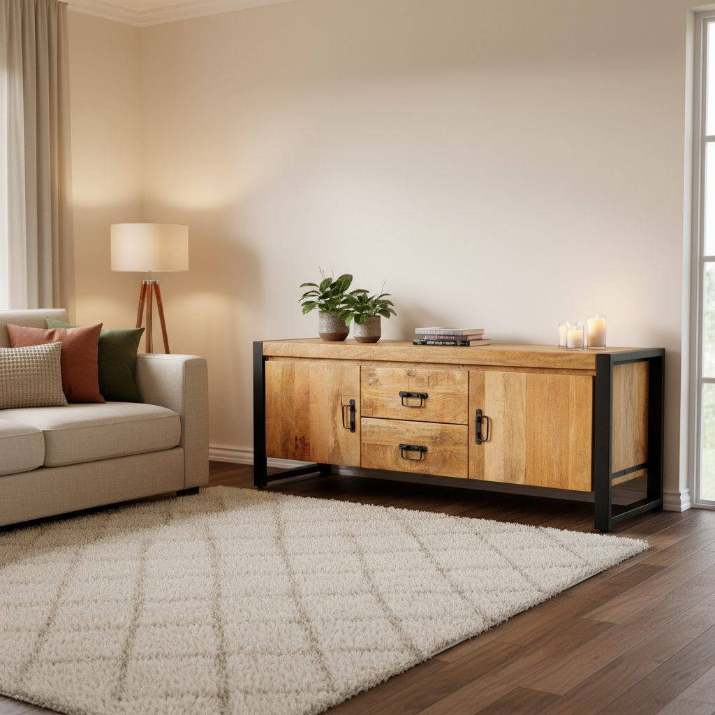 Britt TV-Meubel met Laden en Deuren Mangohout en Staal - Industrieelinhuis.nl