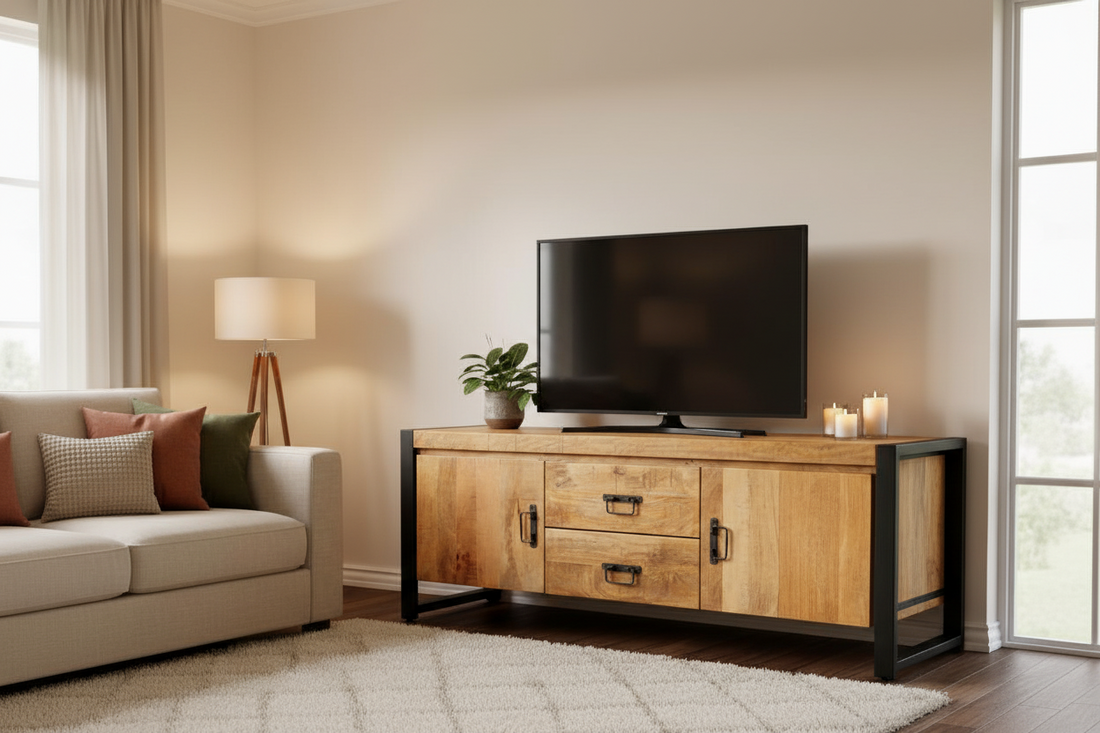 Britt TV-Meubel met Laden en Deuren Mangohout en Staal - Industrieelinhuis.nl