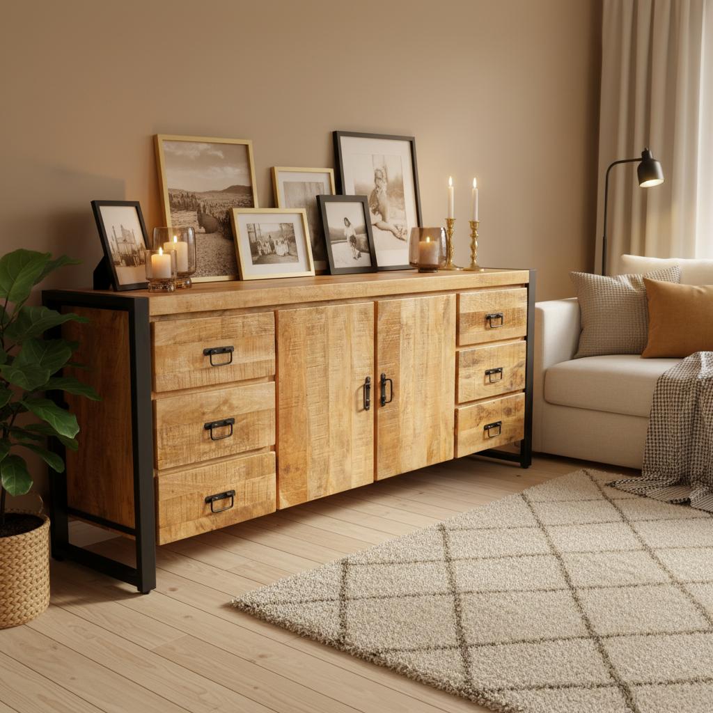 Dressoir Britt - 200 cm - 2-deurs 6-laden Mangohout en Staal