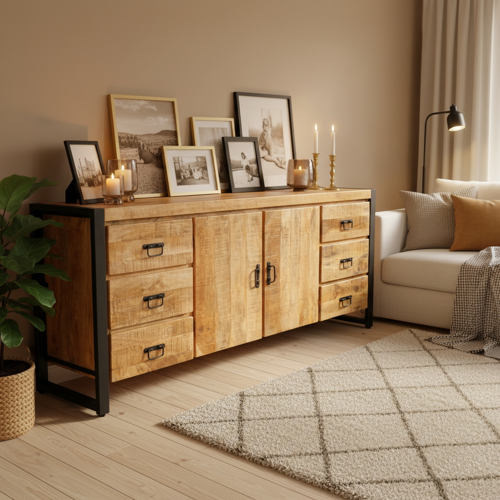 Dressoir Britt - 200 cm -  2-deurs 6-laden Mangohout en Staal