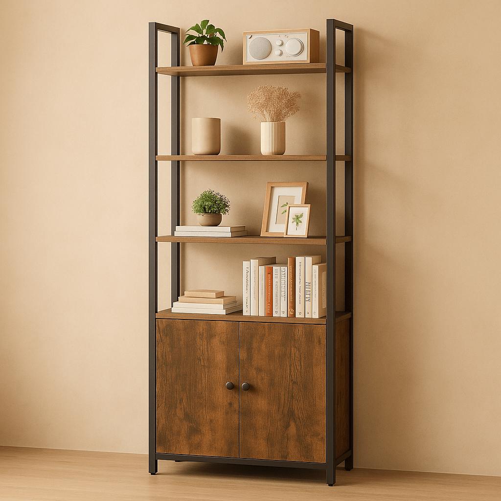 Hoge Boekenkast met Deur – Industrieel opbergrek met verstelbare planken in rustiek bruin &amp; inktzwart - Industrieelinhuis.nl