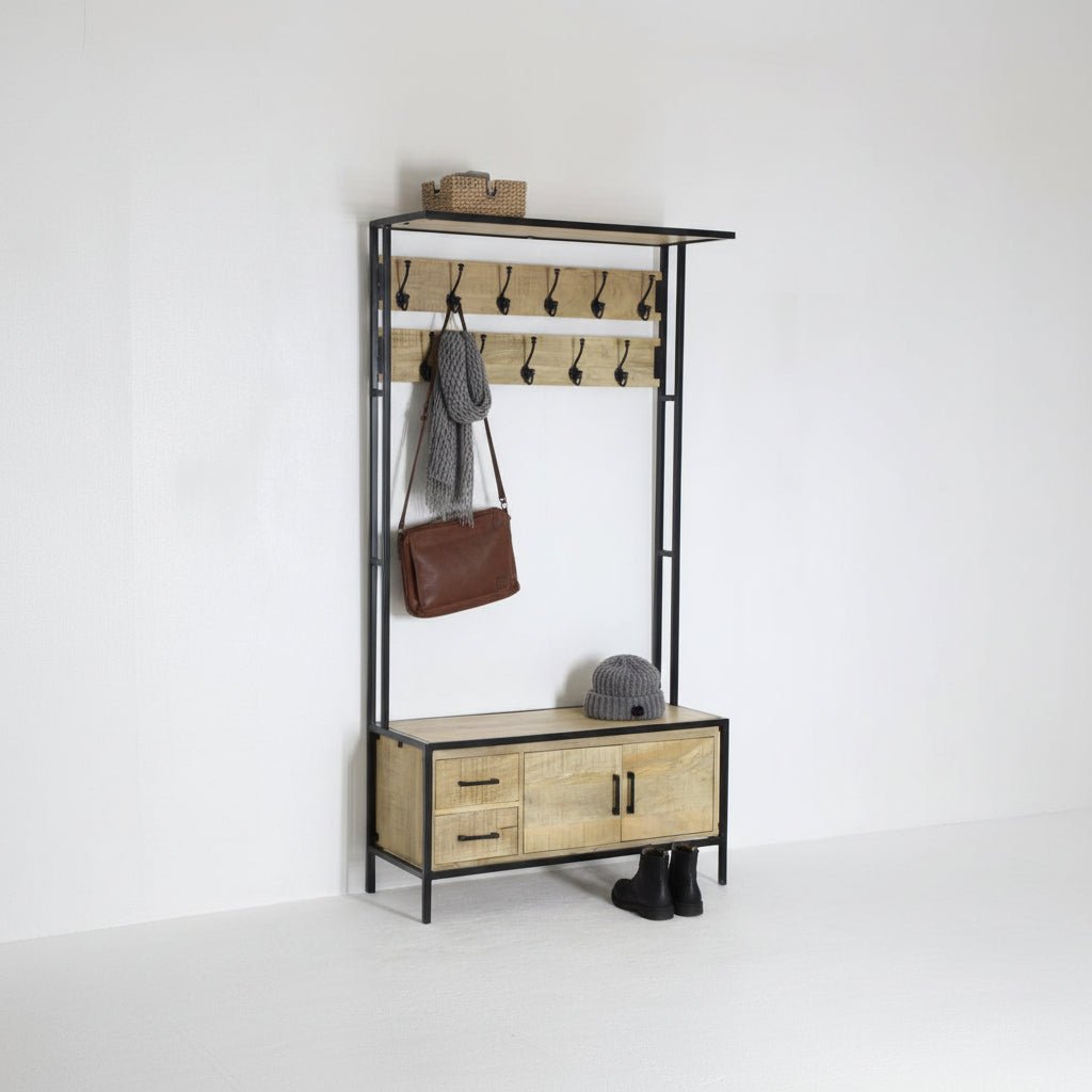 Britt Garderobe XL – Massief Mangohout &amp; Staal | 100 × 40 × 190 cm