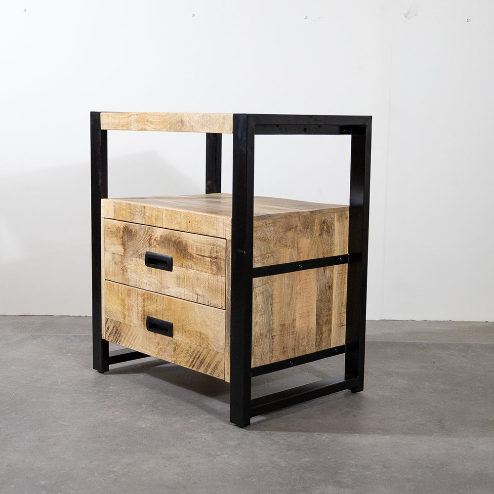 Industrieel Kastje van Mangohout met 2 Lades – Staal &amp; Massief Hout | 75x65x45 cm
