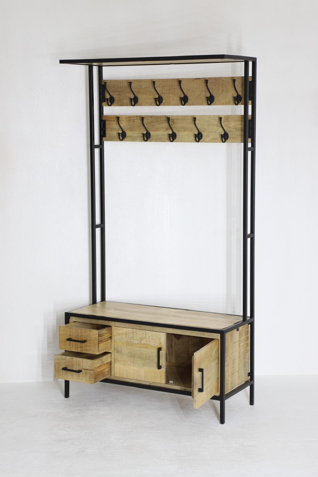 Britt Garderobe XL – Massief Mangohout &amp; Staal | 100 × 40 × 190 cm