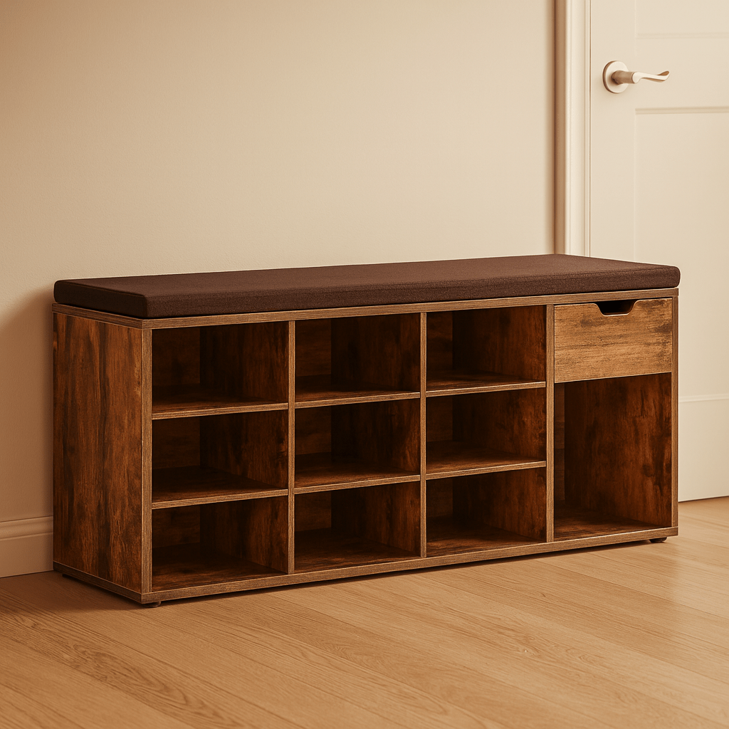 Schoenenbank met Lade en Open Vakken – Houten halbank met gecapitonneerde zitting in vintage bruin