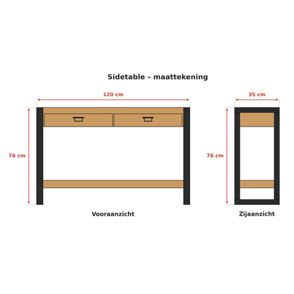 Sidetable met twee lades | 120 x 35 x 76 cm | Mangohout