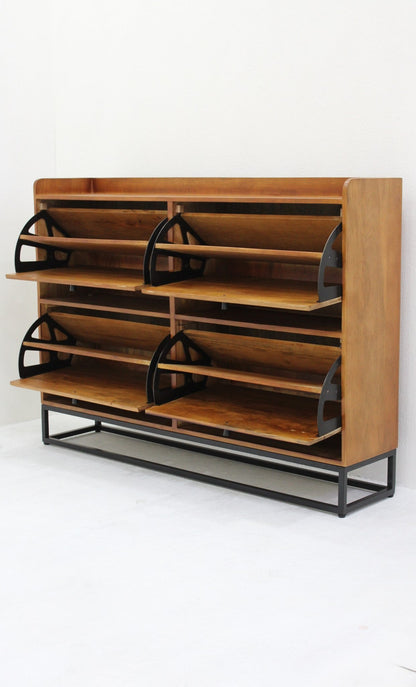 Smalle Schoenenkast van Mangohout en Staal – 140×30×100 cm – 4 Deuren – Duurzaam Industrieel Design - Industrieelinhuis.nl