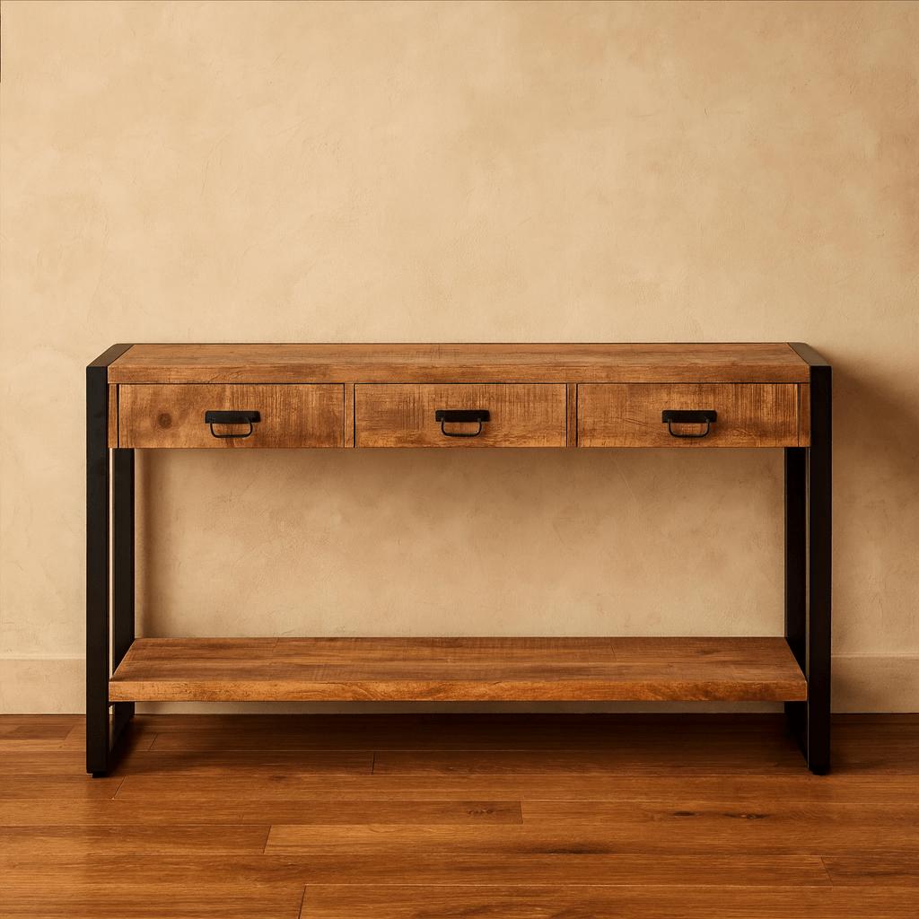 Sidetable met lades en zwarte handgrepen | Mangohout en Staal | 150x35x76cm - Industrieelinhuis.nl